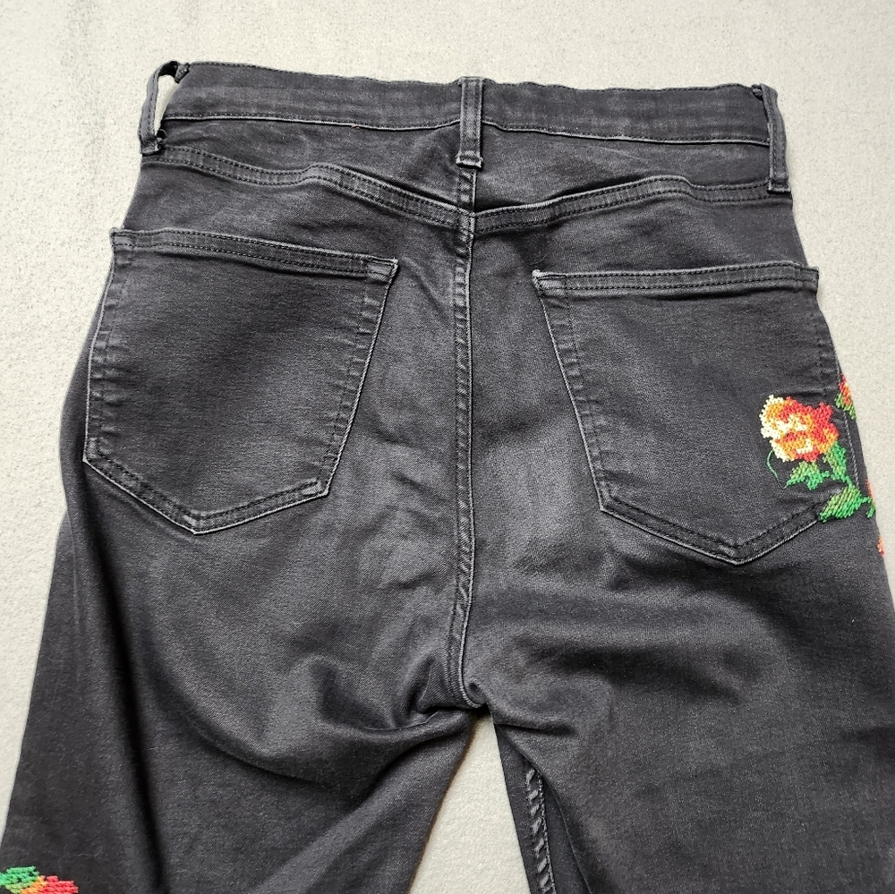 Topshop Jamie High Waisted Embroidered Roses Black Cropped Stretchy Jeans 30 - Picture 5 of 14